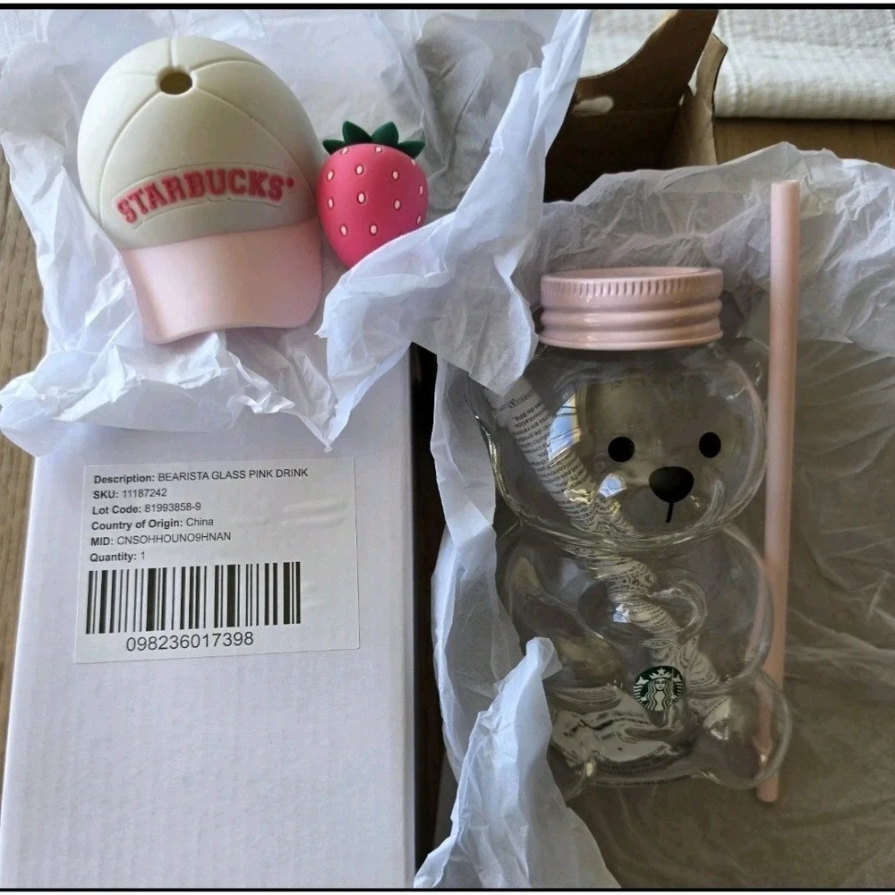 2026 Starbucks Limited Edition Pink Bearista Glass Cold Cup & Straw 20 oz NIB